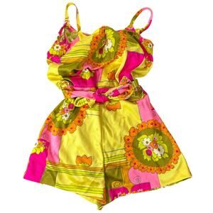 Vtg San Castle- Bathing Suit- see measurements- one piece Bright pink yellow